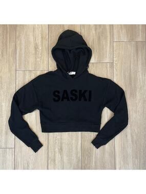 Saski Collection Cropped Hoodie Womens Small Black Logo Athleisure Pullover